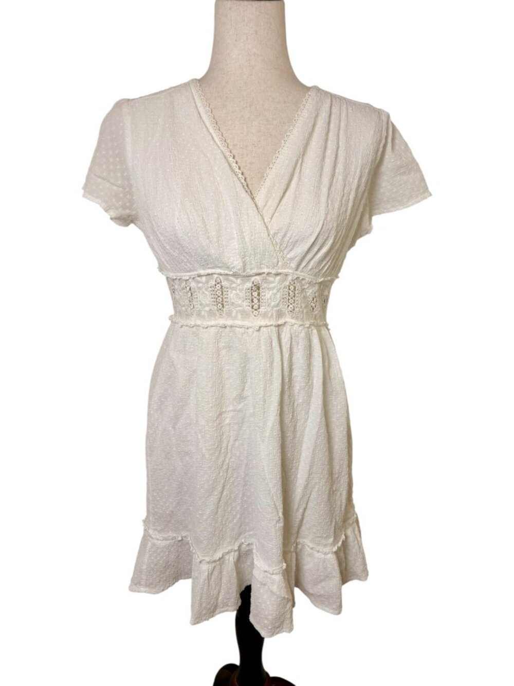 Altar’d State White Lace Trim Surplice Ruffle Mini Dress Size Medium